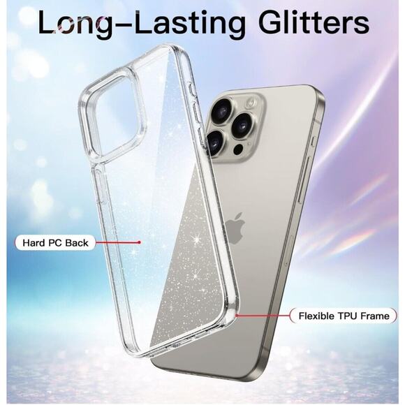 JETech Case for iPhone 15 Pro Max Shock-Absorption Bumper Cover HD Clear Glitter - Picture 5 of 6